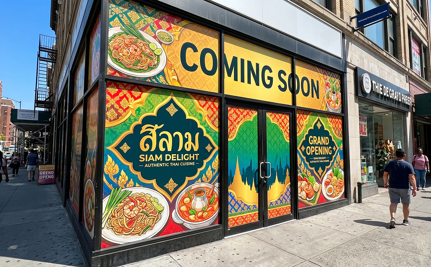 Storefront with full-color window graphics and coming soon lettering on a Thai restaurant